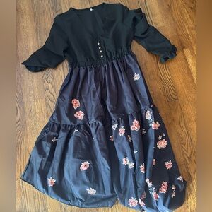 Floral Black and Pink Midi Dress